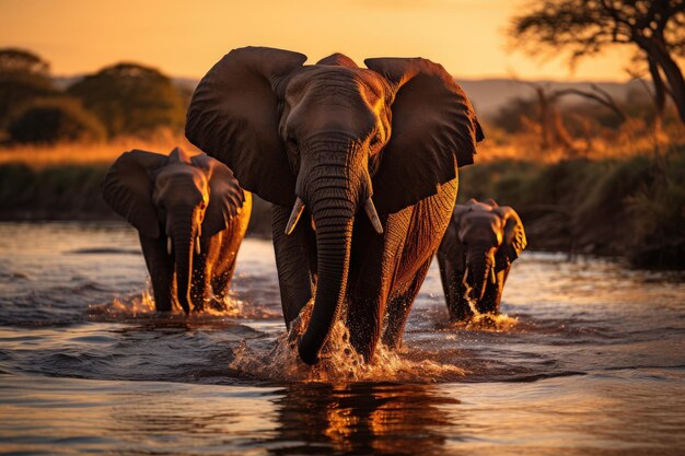 una famiglia di elefanti che gioca in un fiume