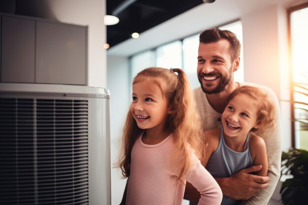 una famiglia di fronte al sistema HVAC verde coscienzioso