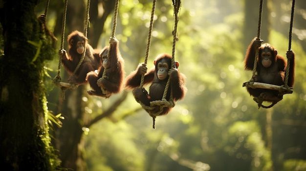 Una famiglia di orangotan che si oscilla tra le cime degli alberi in una foresta pluviale conservata