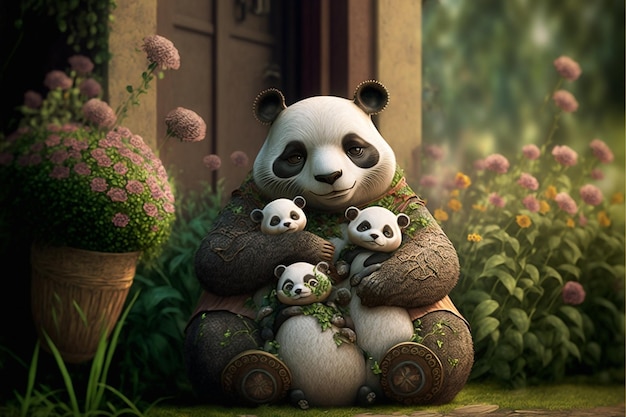 Una famiglia di panda siede davanti a un giardino fiorito.