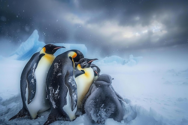 Una famiglia di pinguini imperatori stretti insieme nel freddo antartico