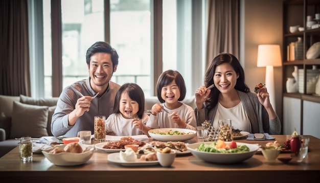 Una famiglia di quattro persone che mangia a un tavolo con un piatto di cibo.
