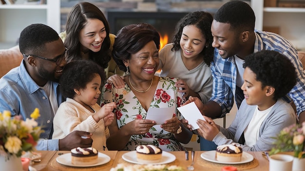 una famiglia di quattro persone è riunita attorno a un tavolo con una carta che dice "quot family quot"