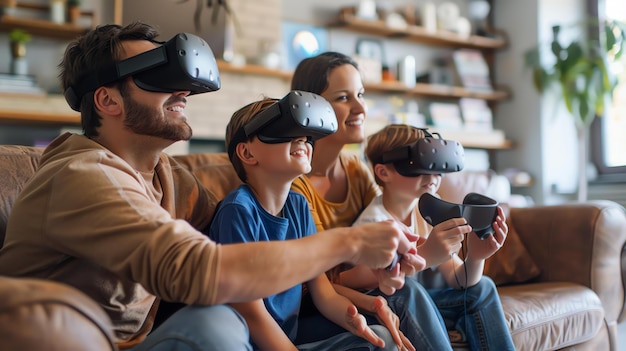 Una famiglia di quattro persone è seduta su un divano nel loro salotto, indossano tutti cuffie di realtà virtuale e stanno giocando insieme.