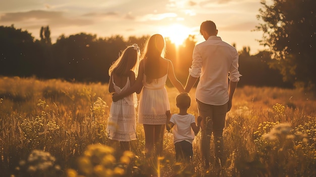 Una famiglia di quattro persone sta camminando in un campo di erba alta il sole sta tramontando e il cielo è di un caldo colore dorato