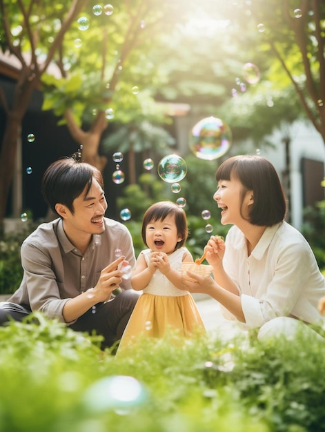 una famiglia di tre persone che fa bolle di sapone nel parco