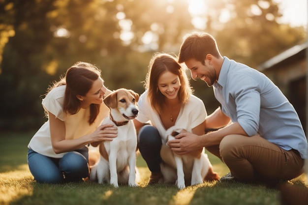 una famiglia di tre persone con il loro cane e il loro cane