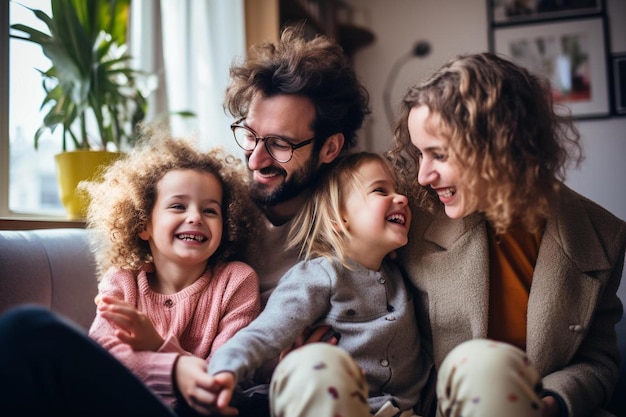 una famiglia di tre persone si siede su un divano e guarda la telecamera.