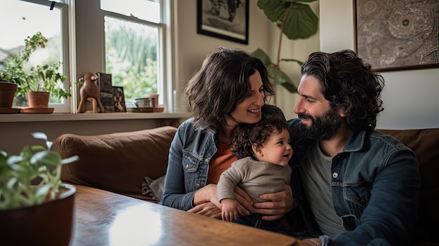 Una famiglia diversa sorride gioiosamente su un divano mentre un uomo e una donna tengono amorevolmente il loro adorabile bambino