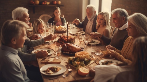 Una famiglia è seduta a un tavolo mangiando tacchino e parlando tra loro.