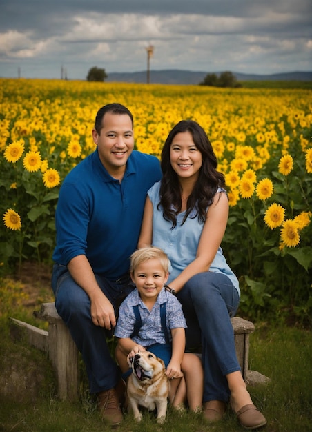 una famiglia è seduta in un campo di girasoli