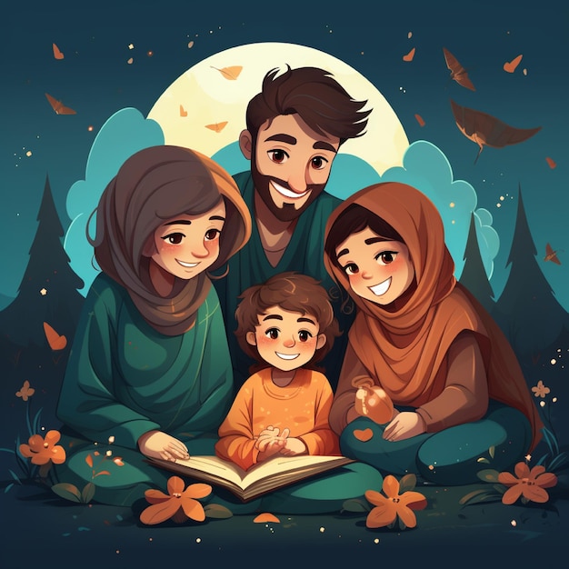 una famiglia è seduta sotto una luna con foglie e un uomo che legge un libro