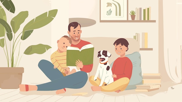 una famiglia è seduta sul pavimento e sta leggendo un libro