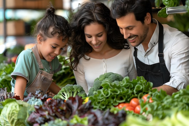 Una famiglia felice che compra in un negozio di alimentari sceglie alimenti, verdure e frutta fresche