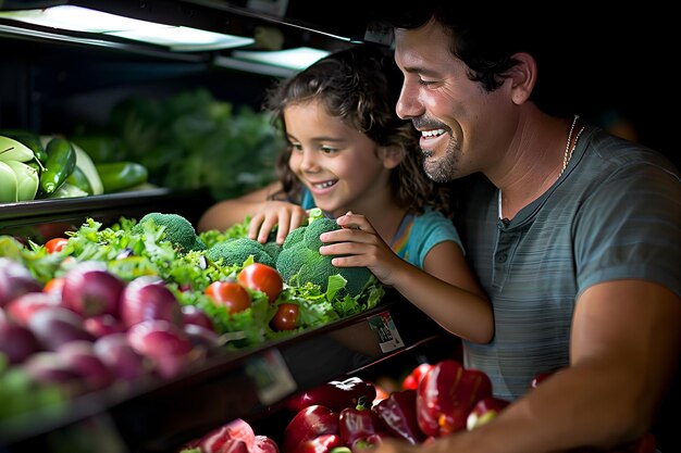 Una famiglia felice che compra in un negozio di alimentari sceglie alimenti, verdure e frutta fresche