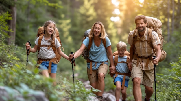 Una famiglia felice di quattro persone che fa un'escursione nel bosco in una giornata di sole