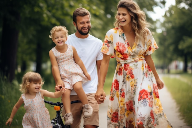 Una famiglia felice di quattro persone che passeggiano nel parco.