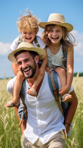 Una famiglia felice di tre persone che cammina in un campo di grano