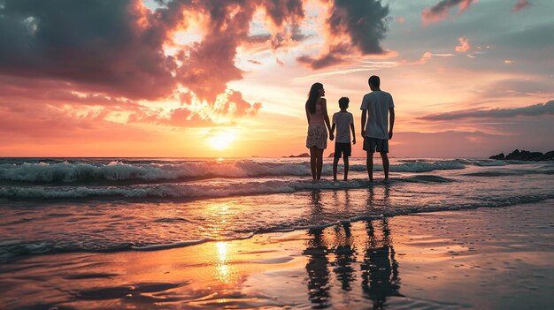 Una famiglia felice in piedi insieme sulla spiaggia a godersi il bellissimo tramonto