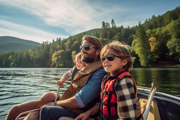 Una famiglia felice naviga su una barca sul fiume in mezzo alla natura