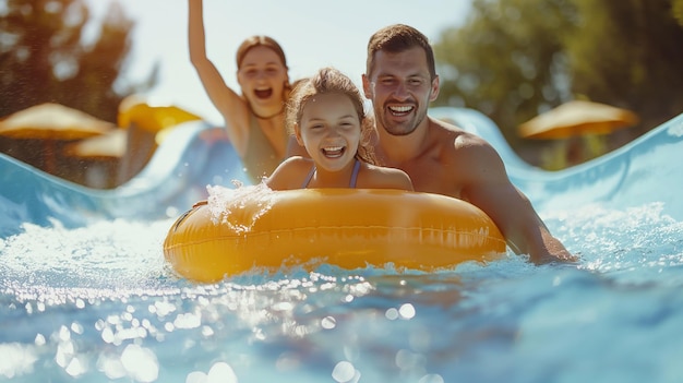 Una famiglia felice scivola su uno scivolo in un parco acquatico su un anello gonfiabile Bambini e genitori