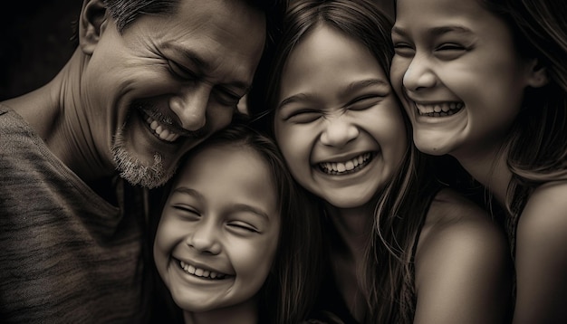 Una famiglia felice si abbraccia all'aperto sorridendo con la gioia dei denti generata dall'intelligenza artificiale