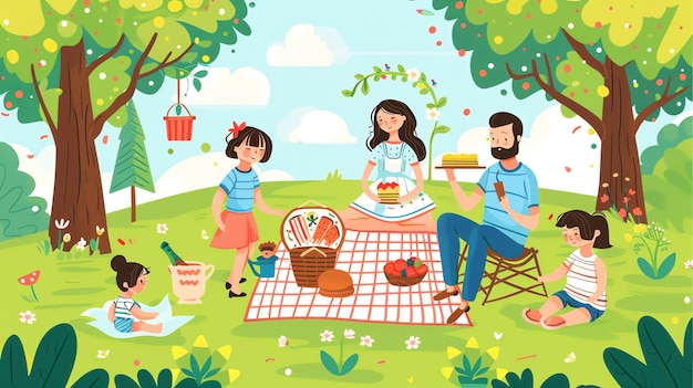 Una famiglia felice si diverte a fare un picnic nel parco Perfetto per la famiglia estiva natura e temi all'aperto