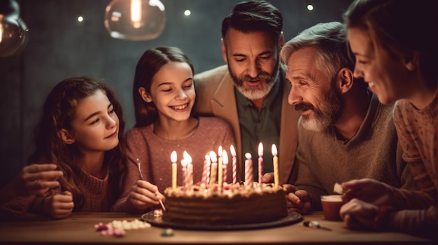 Una famiglia festeggia un compleanno con una torta e candeline