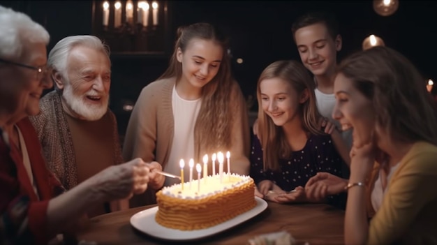 Una famiglia festeggia un compleanno con una torta e candeline