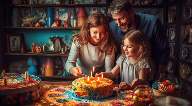 Una famiglia festeggia un compleanno con una torta