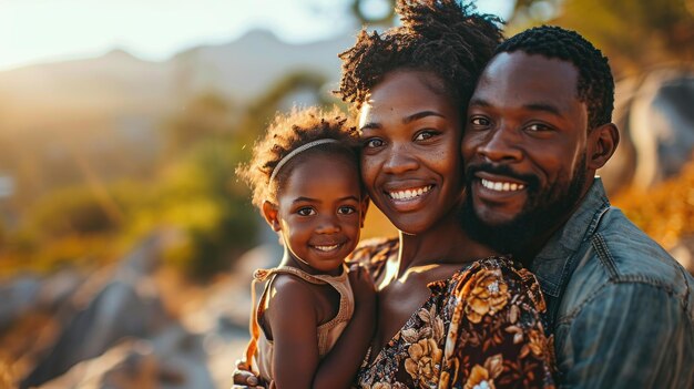 Una famiglia gioiosa che si abbraccia nella calda luce del tramonto