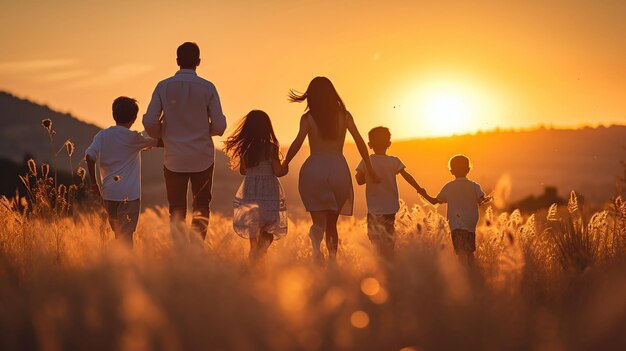 Una famiglia gioiosa che si diverte a correre all'aperto al tramonto