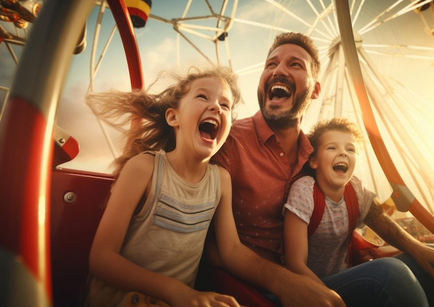 Una famiglia gioiosa che si gode un giro sulla ruota panoramica al carnevale