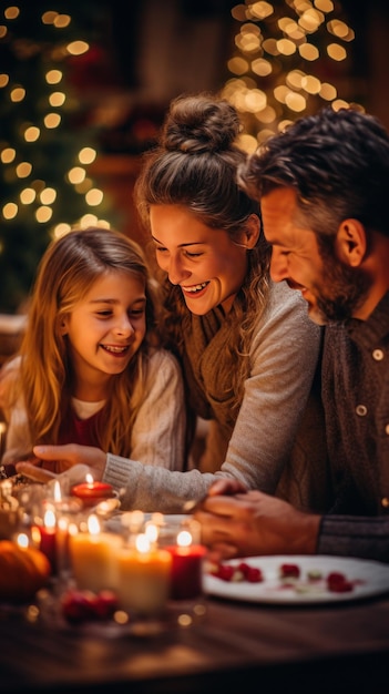 Una famiglia gioiosa che si gode una festa a tavola con le decorazioni natalizie