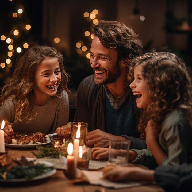 Una famiglia gioiosa che si gode una festa a tavola con le decorazioni natalizie