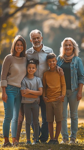 Una famiglia gioiosa con diverse generazioni in piedi fuori