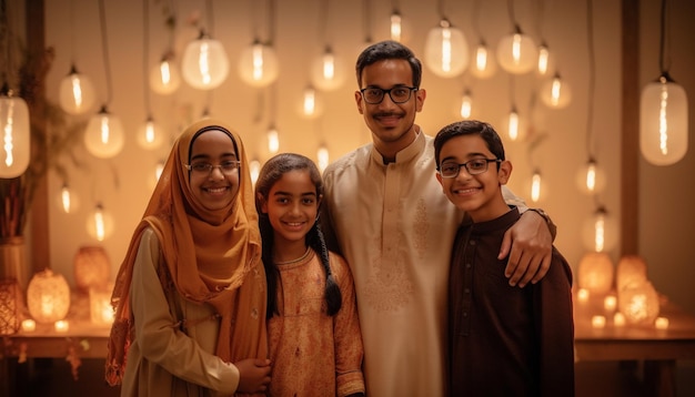 Una famiglia gioiosa festeggia insieme a casa generata dall'intelligenza artificiale