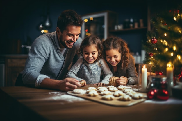 Una famiglia gioiosa in cucina mentre i bambini e i loro genitori preparano la pasta per biscotti nel periodo natalizio