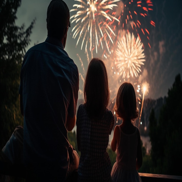 Una famiglia guarda i fuochi d'artificio con la parola "fuochi d'artificio" a sinistra.