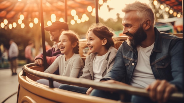 Una famiglia guida una giostra in un parco