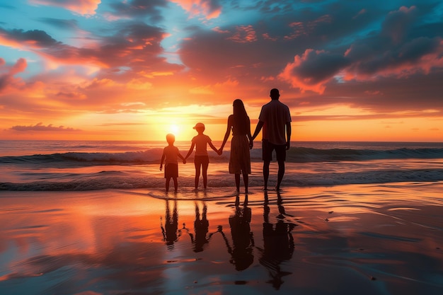 una famiglia in piedi in acqua sulla spiaggia e tenendosi per mano mentre guarda un tramonto 3