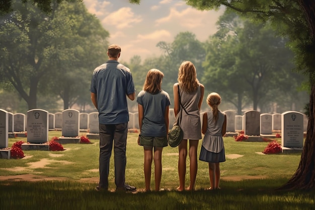 Una famiglia in visita a un cimitero militare il giorno della memoria