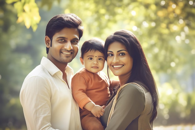 una famiglia indiana sorridente che tiene il loro giovane figlio in un parco