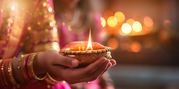 Una famiglia indiana tradizionale in sari che celebra la festa di Diwali a casa con una bambina che tiene una lampada ad olio