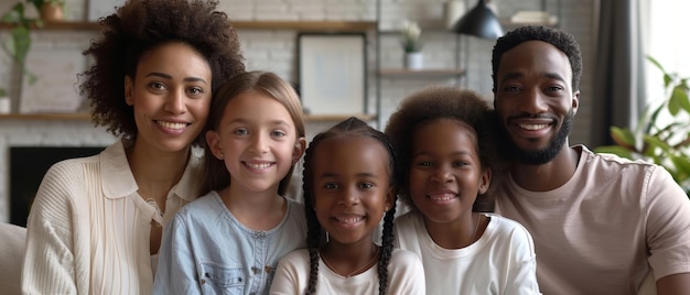 Una famiglia multietnica si siede sul divano mentre guarda la telecamera È un bel ritratto di giovani ragazze e dei loro genitori con una nuova casa e un futuro prospero