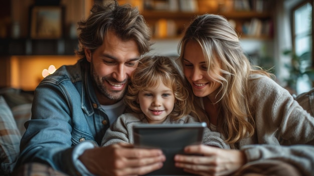 Una famiglia multigenerazionale che si riunisce attorno a un tablet generato dall'AI