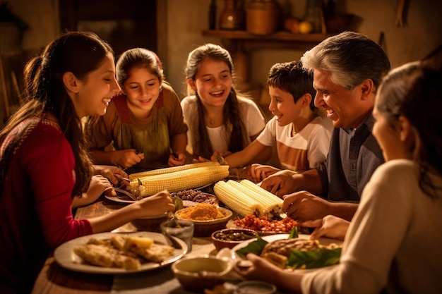 Una famiglia o un gruppo di amici radunati attorno a un tavolo aspettano con impazienza un banchetto di tamale