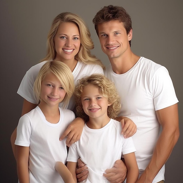 una famiglia posa per una foto con le braccia attorno ai figli.