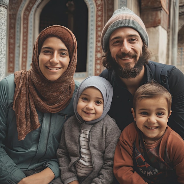 Una famiglia posa per una foto con un uomo e una donna.