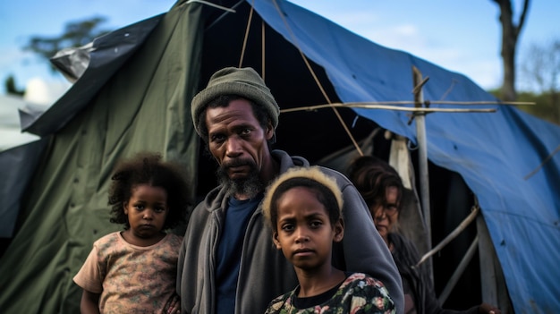 Una famiglia povera vive in una tenda.